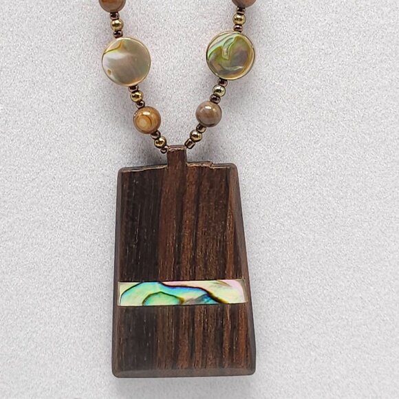 Genuine Ebony Beaded Necklace Pendant Made In Japan 24 In Brown Abalone Inlay - Picture 2 of 7